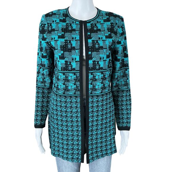 Ming Wang Cardigan Size S Turquoise Black Artsy Print Quiet Luxury Art-to-Wear - Picture 3 of 13